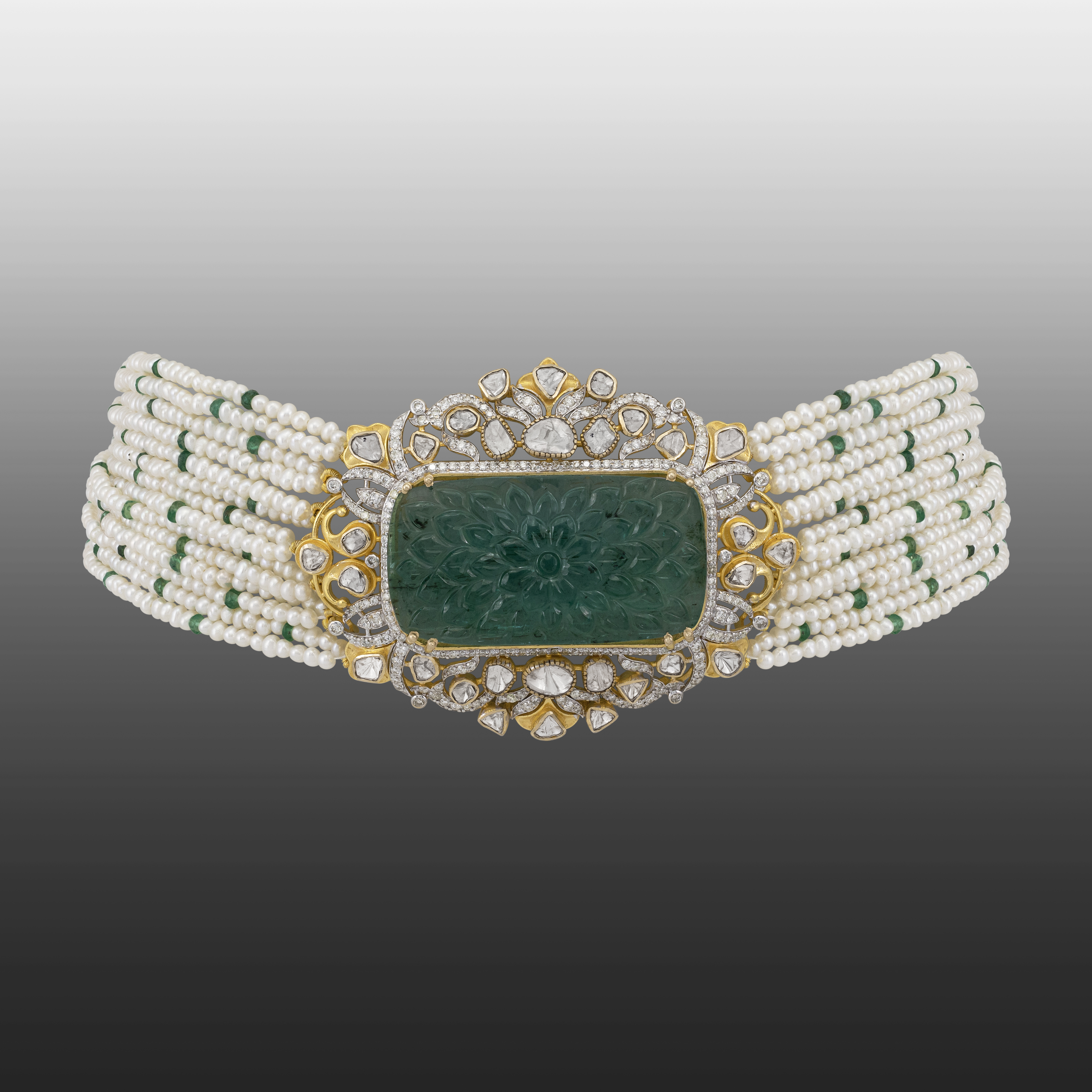 Carved Green Stone Polki Choker with Pearl Strands